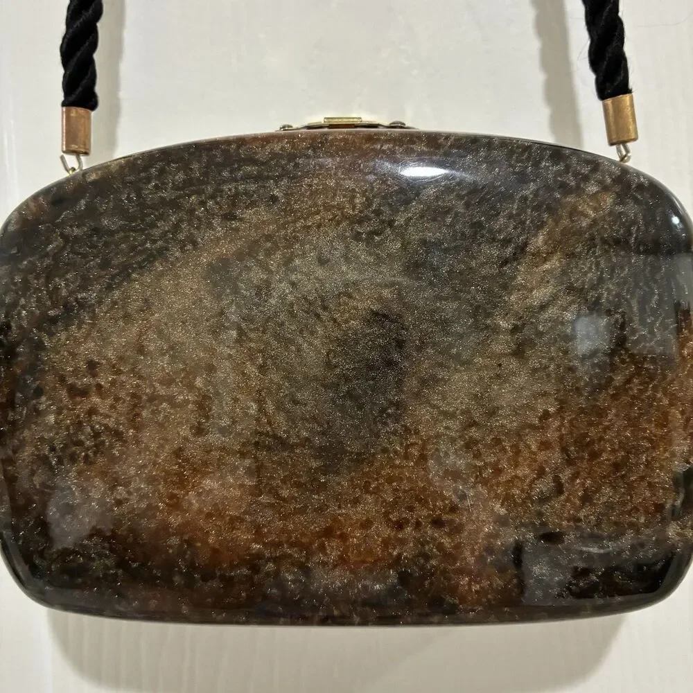 Vintage Lucite Tortoise Shell Cross Body Purse Bag Cord Strap 6.5”x4.5x1.75”